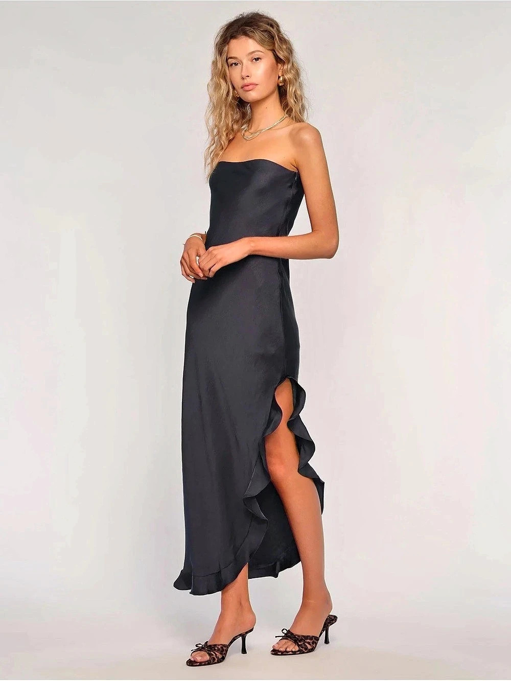 Heartloom Navy Strapless Maxi Dress with Ruffle side slit